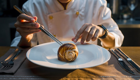 A chef meticulously plates a gourmet snail dish, showcasing culinary artistry and attention to detail in a fine dining setting.の素材