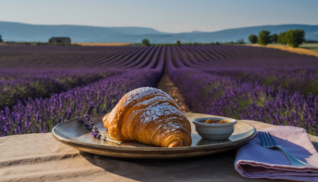 A fresh croissant with powdered sugar sits on a plate, with a small bowl of jam, against a backdrop of a vibrant lavender field in Provence, France.の素材