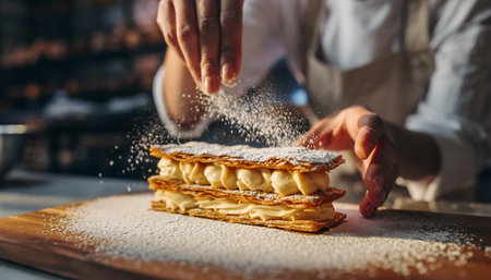 A chef delicately sprinkles powdered sugar onto a freshly made mille-feuille pastry, showcasing the layers of flaky dough and creamy filling.の素材
