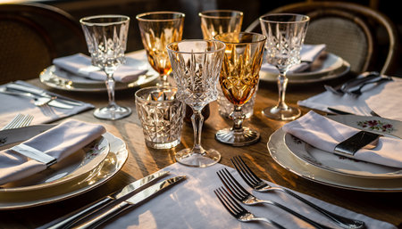 A beautifully arranged table setting featuring crystal glassware, silverware, and plates, perfect for a formal dinner or special occasion.の素材