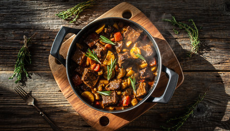 Overhead shot of a steaming beef stew with rosemary, carrots, and potatoes in a pot on a wooden board.の素材