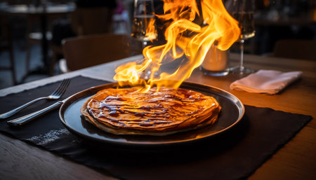 A dramatic presentation of Crepe Suzette engulfed in flames, showcasing the flambの素材