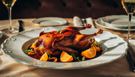 Delicious roasted duck served with fresh orange slices on an elegant white plate, perfect for a gourmet dining experience.の素材