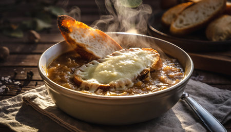 A steaming bowl of French onion soup topped with melted cheese and toasted bread, perfect for a cozy meal.の素材