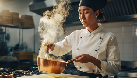 A focused Asian chef in a professional kitchen is preparing food with steam rising from the pot, showcasing culinary expertise.の素材