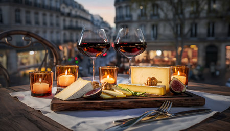 A romantic evening in Paris featuring red wine, assorted cheeses, and soft candlelight, set against a blurred Parisian cityscape backdrop.の素材