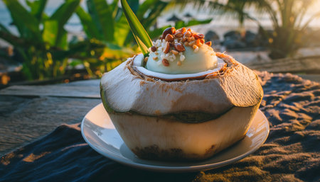 A refreshing coconut ice cream served in a natural coconut shell, topped with nuts, set against a tropical beach backdrop.の素材