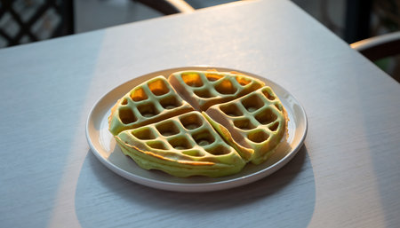 A close-up shot of matcha waffles served on a white plate, beautifully illuminated by natural sunlight, creating an inviting and appetizing scene.の素材
