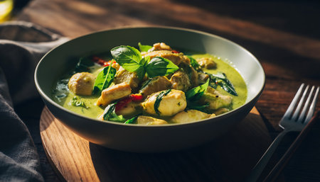 A close-up shot of a bowl filled with green curry, featuring chicken and fresh vegetables, presented on a wooden surface with a fork.の素材