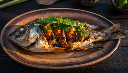 A delicious grilled fish dish served on a wooden plate, topped with fresh herbs and spices, ready to be enjoyed.の素材