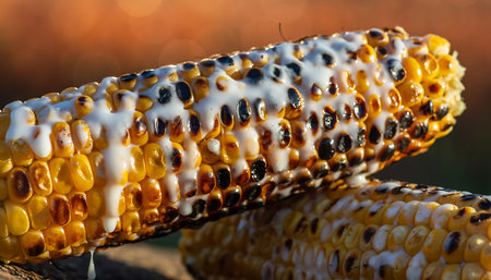 Close-up of grilled corn on the cob drizzled with a creamy sauce, showcasing its charred kernels and appetizing appearance. Perfect for summer barbecues and outdoor dining.の素材