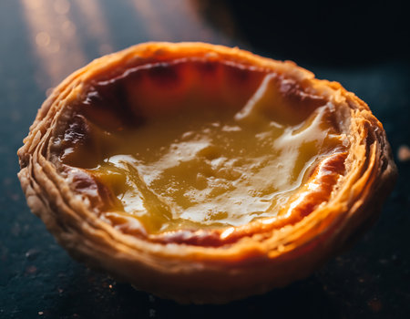 A delectable Portuguese custard tart, known as Pastel de Nata, is showcased in a close-up shot, highlighting its flaky crust and creamy filling.の素材