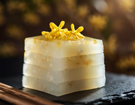 A close-up of crystal jelly, a traditional Chinese dessert, adorned with delicate osmanthus flowers, showcasing its translucent layers and culinary artistry.の素材
