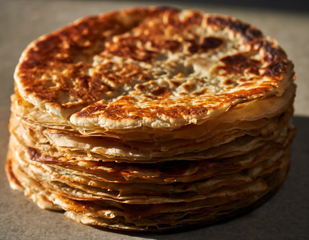 A stack of freshly made, golden-brown pancakes sits on a table, showcasing their crispy texture and inviting appearance.の素材