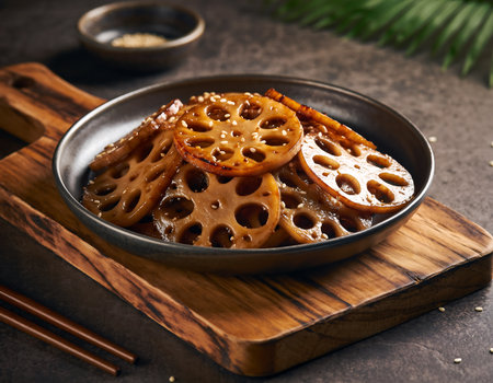 A close-up shot of a flavorful lotus root dish served in a bowl on a wooden board, showcasing its unique texture and appetizing appearance.の素材