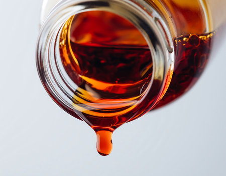 A captivating close-up shot of golden syrup dripping from a glass jar, highlighting its rich color and viscous texture against a soft background.の素材