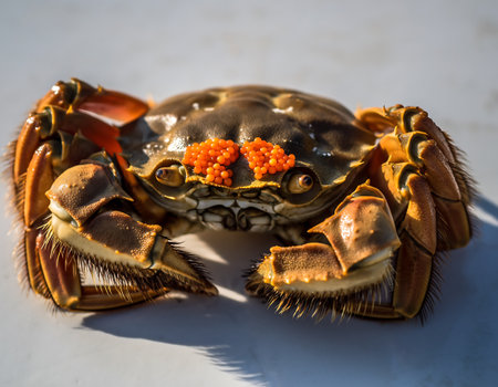 A close-up studio shot of Eriocheir sinensis, commonly known as the Chinese mitten crab, showcasing its distinctive hairy claws and intricate shell details.の素材