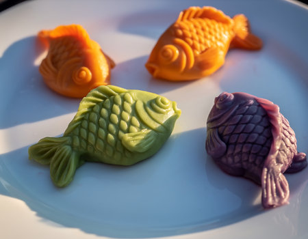 A close-up shot of four colorful, fish-shaped candies arranged on a white plate, showcasing their detailed textures and vibrant hues.の素材