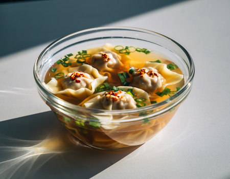 A clear glass bowl filled with flavorful wonton soup, garnished with fresh herbs and spices, ready to be enjoyed.の素材