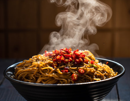 A close-up shot of a steaming bowl of noodles topped with red peppers, creating an appetizing and flavorful image.の素材