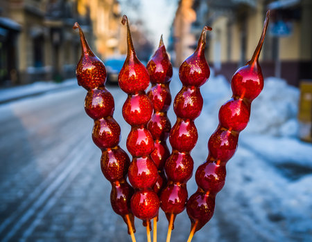 Close-up of Tanghulu, a traditional Chinese street food consisting of candied hawthorns on a stick, showcasing its vibrant red color and sugary coating.の素材