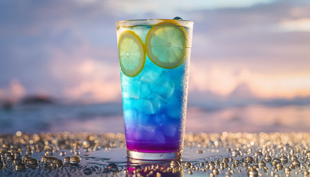 A vibrant tropical cocktail with lemon slices, set against a blurred beach background, perfect for summer vibes and relaxation.の素材