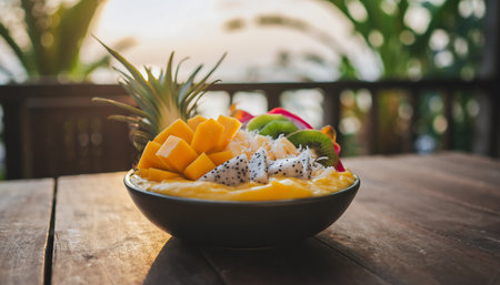 A vibrant fruit bowl filled with tropical fruits sits on a wooden table, with a lush tropical background creating a refreshing and inviting scene.の素材