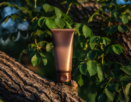 A bronze tube of cream is displayed on a tree branch surrounded by green leaves, showcasing natural beauty and skincare.の素材