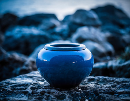 A blue ceramic urn sits on a rock, with a blurred background of rocks and sky.の素材
