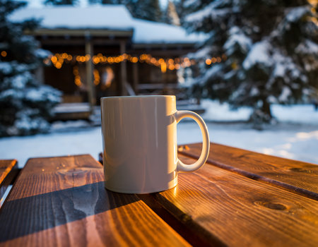 A white mug sits on a wooden table covered in snow, with a blurred winter cabin and trees in the background, creating a cozy and serene scene.の素材