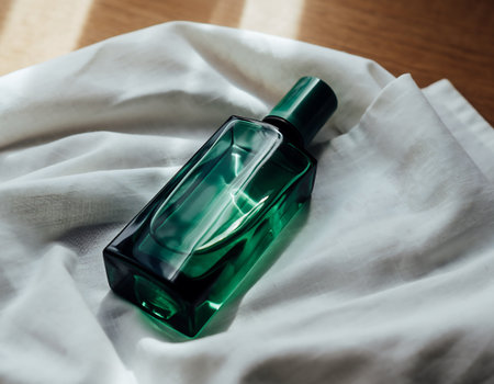 A sleek, green perfume bottle rests on a soft, white fabric, creating a minimalist and elegant composition.の素材