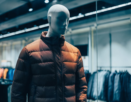 A mannequin showcases a fashionable brown puffer jacket in a modern retail setting, highlighting current trends and apparel design.の素材