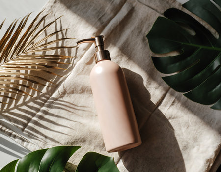 A pink lotion bottle is surrounded by tropical leaves and sunlight on a linen cloth, creating a minimalist and natural beauty scene.の素材