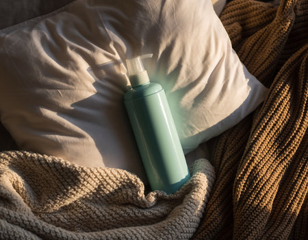 A bottle of lotion rests on a soft pillow, nestled among the folds of a cozy blanket, creating a serene and inviting scene.の素材