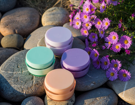 A close-up of pastel-colored lip balms nestled on rocks, adorned with vibrant purple flowers, showcasing natural beauty and skincare.の素材