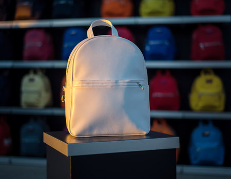 A white backpack is displayed on a pedestal in front of a shelf of colorful backpacks, showcasing its style and functionality.の素材
