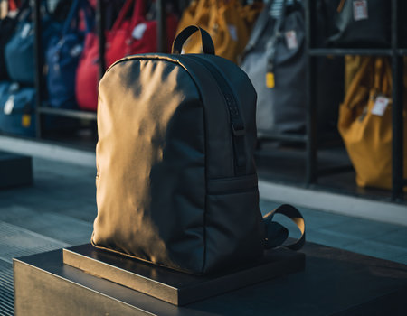 A simple, dark backpack is showcased on a dark surface in a store, surrounded by other bags and a modern aesthetic.の素材