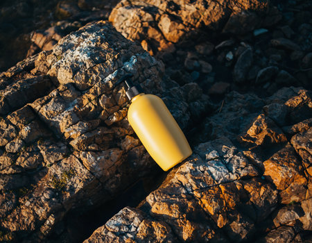 A yellow bottle rests on a rocky surface, bathed in natural light, creating a contrast between the smooth bottle and rough rocks.の素材
