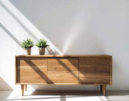 A wooden sideboard stands against a white wall, adorned with two potted plants, bathed in the soft light of a minimalist interior.の素材