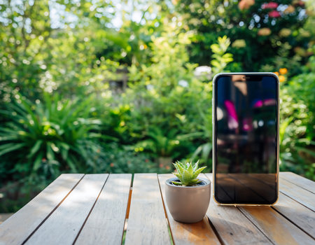 A smartphone stands next to a small succulent on a wooden table, set against a backdrop of a vibrant, green garden.の素材