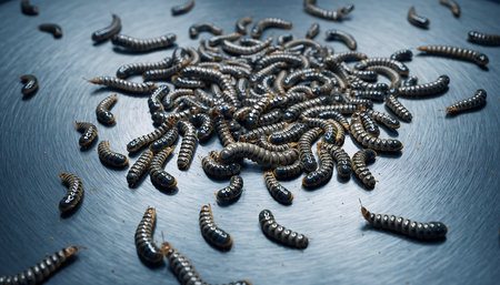 A close-up shot of a large group of black soldier fly larvae clustered together on a metallic surface, showcasing their unique texture and form.の素材