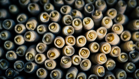 A tightly packed collection of pen tips, creating a visually interesting pattern. The focus is sharp, highlighting the details of each pen.の素材