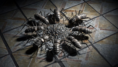 A detailed close-up of a colony of ants gathered around a pile of food, showcasing their collective behavior and intricate social structure.の素材