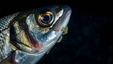 A detailed close-up shot of a fish head, showcasing its scales and eye, set against a dark background.の素材