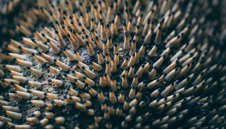 A detailed close-up shot showcasing the intricate pattern and texture of sea urchin spines, highlighting their natural defense mechanism in a marine environment.の素材