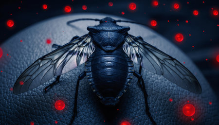 A striking close-up of a wasp, showcasing its intricate details against a backdrop of blurred red bokeh lights, creating a captivating visual.の素材