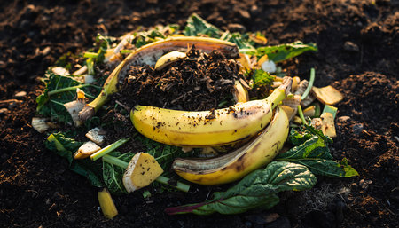 Close-up of composting food waste, featuring banana peels and green vegetable scraps, decomposing in a natural environment. Sustainable living concept.の素材
