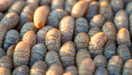 A detailed close-up showcasing a collection of silkworm pupae, highlighting their unique texture and form during the transformation stage of their life cycle.の素材