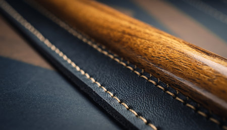 A detailed close-up shot showcasing the craftsmanship of a suitcase handle, featuring a combination of dark leather and polished wood.の素材