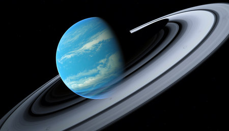 A stunning exoplanet with prominent rings, composed of ice and gas, set against the backdrop of deep space. A captivating view of a distant world.の素材